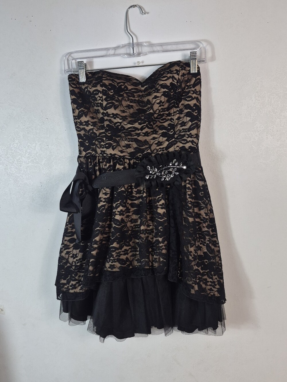 Women's B.Wear Strapless Lace Dress Black Beige Size 9 Juniors